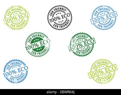 A 100% Eco-Friendly Rubber Stamp Collection, Sustainable Product Seal Vector Set Stock Vector
