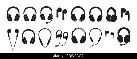 Black silhouettes of various headphones and earphones, isolated on white background, graphic illustration. concept of music, audio technology, sound, Stock Vector