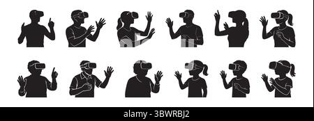 Set of black silhouettes of people of different genders and ages wearing virtual reality headsets and interacting with digital interface isolated on w Stock Vector