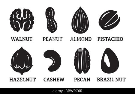 Set of Black silhouette icons of various nuts including walnut, peanut, almond, pistachio, hazelnut, cashew, pecan, and brazil nut, isolated on white Stock Vector