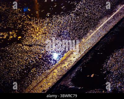 Wet asphalt reflecting street lights at night, creating a shimmering golden effect across the urban road surface, enhancing the evening scenery Stock Photo