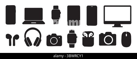 Black silhouettes of electronic devices isolated on white background, graphic illustration. concept of gadget, technology, modern electronics, icon, d Stock Vector