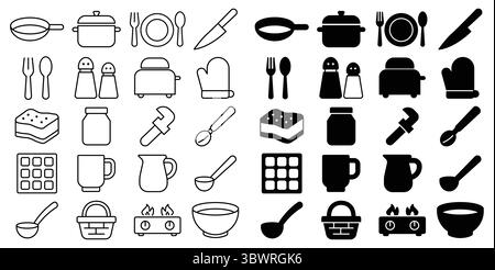 Kitchen utensils and cookware icons in black and white for design projects Stock Vector