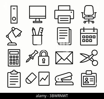 A collection of minimalist icons representing common office supplies and equipment. Perfect for use in creative projects, presentations, or digital de Stock Vector