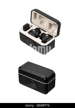 Wireless lavalier microphone set with USB-C receiver and dual transmitters in a charging case. Stock Photo