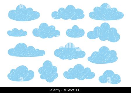 Stylized blue clouds with solid fill and rough chalk crayon texture. Hand drawn illustration for sky themes and design decoration. Stock Vector