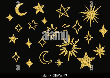Cartoon style stars and moons in yellow crayon hatch texture on black background. Decorative celestial icon set for night themes. Stock Vector