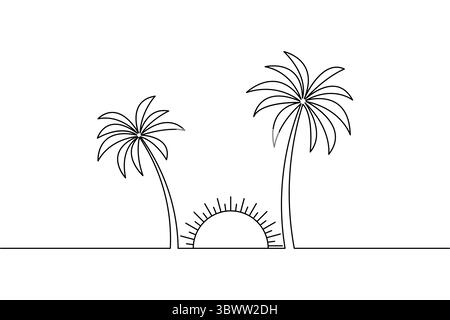 Minimalist black and white illustration of tropical landscape featuring palm trees and rising sun on a white background Stock Vector