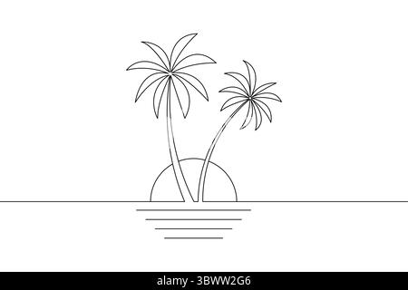 Minimalist illustration of two palm trees on a tropical beach with the sun setting over the horizon Stock Vector