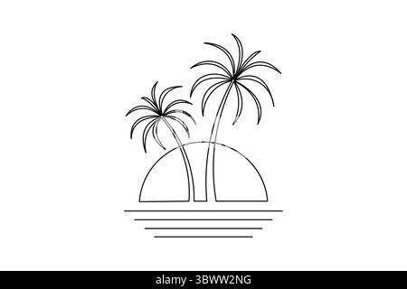 Minimalist illustration of two palm trees on a tropical beach with the sun setting over the horizon Stock Vector
