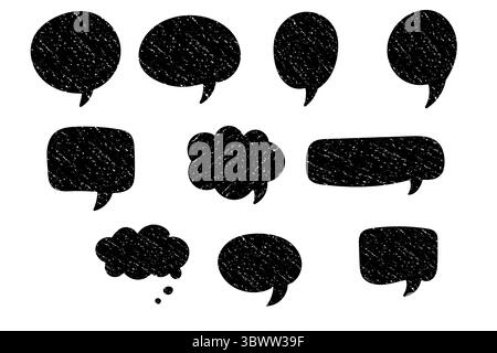 Solid black cartoon speech and thought bubbles with white chalk texture. Grunge style comic elements for dialogue and expression. Stock Vector
