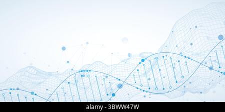 Abstract image of DNA molecule on wireframe wave. Scientific vector background. Stock Vector