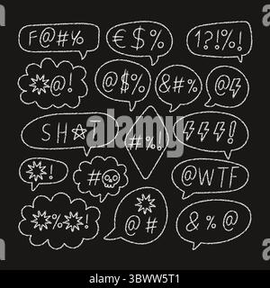 Swear symbols and emotional comic-style speech bubbles drawn in chalk on black background. Angry cartoon sketch in white outline. Stock Vector