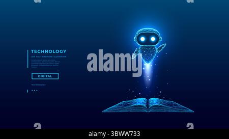 Abstract Hologram of AI Robot Fly Over Opened Book. AI Agent Stock Vector