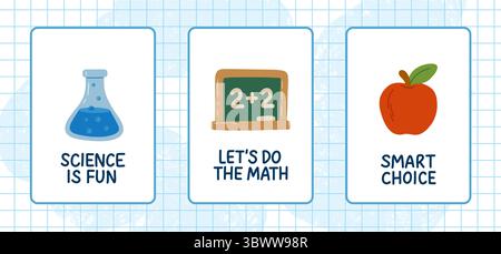 Vector preview with three school-themed cards Science is Fun, Lets Do the Math, and Smart Choice. Perfect for educational sets, posters, digital use Stock Vector