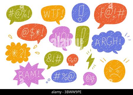 Emotional swearing cartoon bubbles in bold colors with chalk and crayon texture. Expressive hand drawn comic-style illustration. Stock Vector