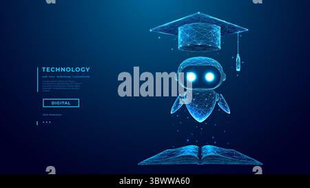 Abstract Hologram of AI Robot in Graduation Cap Fly Over Book Stock Vector