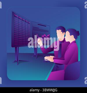 People studying the reports for identifying problems and opportunities in decision making process. Glassmorphism. Vector illustration. Stock Vector