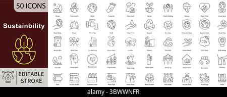Sustainability Editable Line Icons Set for Environment, Ecology, Green Energy, and Conservation Stock Vector