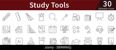 Study Tools Editable Line Icons Set for Education, Learning, School, and Academic Resources Stock Vector