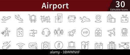 Airport Editable Line Icons Set for Aviation, Travel, Flight, and Transportation Stock Vector