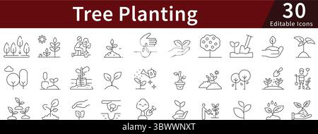 Tree Planting Editable Line Icons Set for Forestry, Gardening, Environment, and Green Conservation Stock Vector