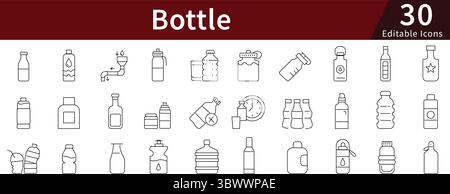 Bottle Editable Line Icons Set for Container, Beverage, Packaging, and Drink Storage Stock Vector