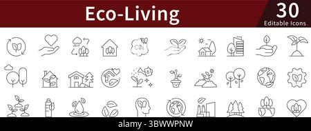 Eco-Living Editable Line Icons Set for Green Lifestyle, Sustainability, Environment, and Renewable Energy Stock Vector