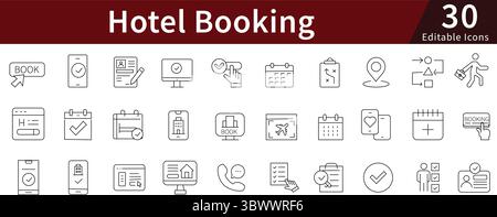 Hotel Booking Editable Line Icons Set for Travel, Accommodation, Reservation, and Hospitality Stock Vector