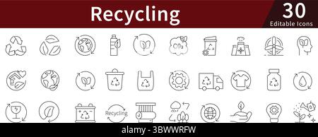 Recycling Editable Line Icons Set for Waste Management, Environment, and Green Sustainability Stock Vector