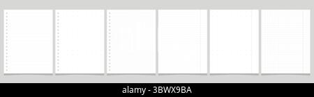 Set of notebook or notepad pages. Pages with checkerboard, ruler, dot. Empty forms of letter paper, vector graphics Stock Vector