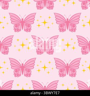 Seamless pattern with pink butterfly and tiny star in polka dot order in flat cartoon style. Soft and dreamy design perfect for fabric, wrapping, girl Stock Vector