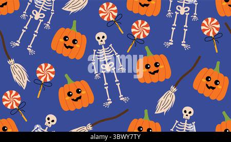 Cute Halloween seamless pattern with twisted lollipops, carved pumpkins, witch brooms and skeletons in random order on dark blue background. Fun flat Stock Vector