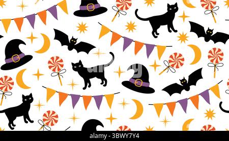 Seamless cute Halloween pattern with lollipop, witch hat, black cat, buntings, tiny stars on white background. Fun and festive cartoon design in flat Stock Vector