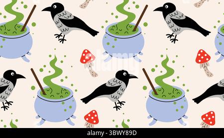 Cute Halloween seamless pattern with potion cauldrons, ravens, and fly agaric mushrooms in chaotic order. Flat cartoon style, perfect for festive wrap Stock Vector