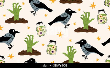 Cute Halloween seamless pattern with zombie hands, eyeballs in bottles, crows and tiny stars scattered in messy order. Flat cartoon style for spooky a Stock Vector