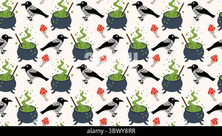 Fun seamless Halloween pattern with bubbling cauldrons, dark ravens, and red fly agarics. Messy cute layout in flat cartoon style. Ideal for kids proj Stock Vector