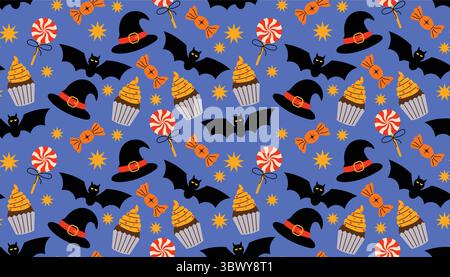 Cute Halloween seamless pattern with twisted lollipop, candies, cakes, witch hats, bats and tiny stars on dark blue background. Fun flat cartoon style Stock Vector