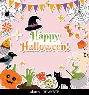 Cute Happy Halloween square greeting card with border of colorful spooky stickers in flat cartoon style. Includes pumpkin and cauldron, cake and web, Stock Vector