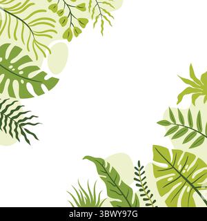 Flat cartoon style square poster with corner border of tropical leaves and branches and organic shapes. Nature-inspired design ideal for print templat Stock Vector