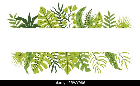 Horizontal poster with tropical leaf border in flat cartoon style. Bright summer frame with jungle greenery, perfect for invitations, cards, banners, Stock Vector