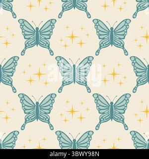 Cartoon flat seamless pattern with pastel blue butterfly and star in polka dot order. Cute nature-inspired design for kids, crafts, backgrounds, wrapp Stock Vector