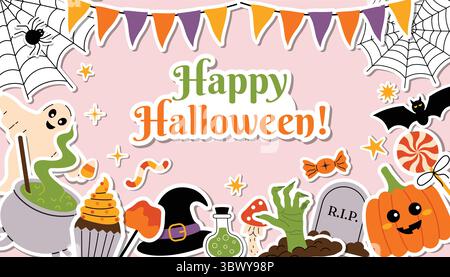 Cute Happy Halloween horizontal greeting card with border of fun spooky stickers in flat cartoon style. Includes pumpkin, web, cauldron, candies, bat, Stock Vector