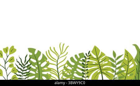 Tropical leaves and branches form a colorful flat cartoon border on a horizontal card. Great for summer party invitations, travel ads, botanical desig Stock Vector