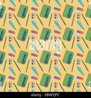 Seamless pattern with pencil cases, pens, pencils, erasers, and sharpeners on yellow background. For back to school theme, school supplies or statione Stock Vector