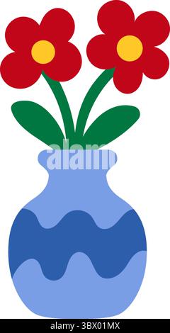 Blue vase with wavy pattern and red flowers. Decorative floral bouquet in flat cartoon style. Isolated. Stock vector illustration in flat cartoon styl Stock Vector