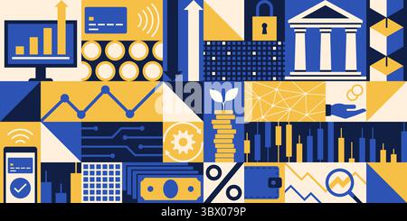 Finance, business and technology conceptual geometric banner background with icons Stock Vector