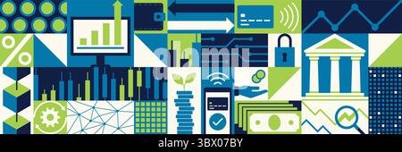 Finance, business and technology conceptual geometric banner background with icons Stock Vector