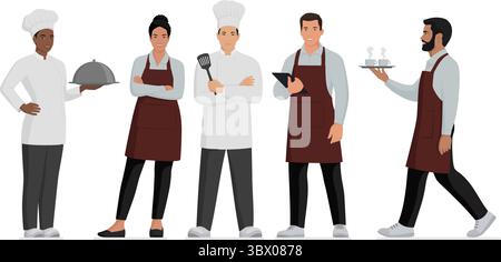 Professional smiling kitchen staff and restaurant workers posing together: cooks and waiters, isolated Stock Vector