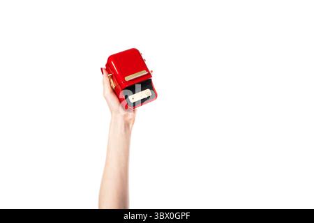 Small red printer for printing labels isolated on white background. Stock Photo